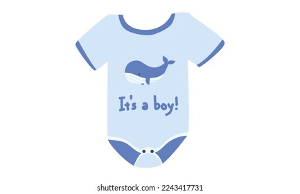 Blue baby boy bodysuit clipart. Simple cute baby bodysuit with little whale It's a boy design flat vector illustration. Baby bodysuit, body children, baby shirt, romper, clothes for newborns cartoon