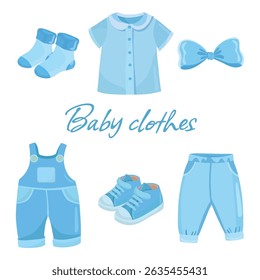 Roupas de bebê azul, incluindo geral recém-nascido, camisa e calçado em ilustrações planas, perfeito para temas de design de bebê e gráficos de vestuário infantil