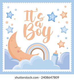 blue baby card with illustrations and advertisement of gender it's a boy. vector design