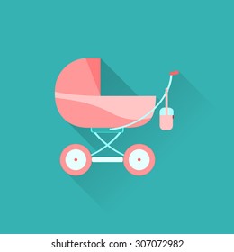 Blue baby carriage flat icon. Cradle flat icon. Available as an icon of children's section of the store. Stock vector.