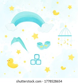 Blue baby clip art with watercolor accent