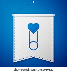 Blue Baby clothes pin icon isolated on blue background. Classic closed steel safety pin. White pennant template. Vector