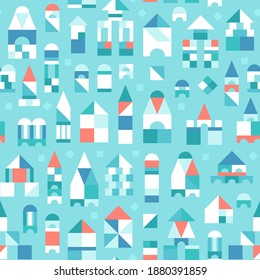 Blue baby cubes seamless pattern. Wooden blocks. Game for kids. Castles, towers, houses. Childish flat style background on blue. Creative constructions. Many details, pieces. Red accent. Kids textile.