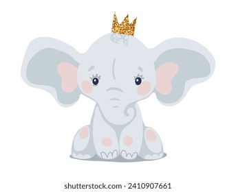 elefante de bebé azul en una corona, personaje de niños, animal lindo con estilo de dibujos animados planos aislados en fondo blanco.