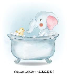 Blue Baby Elephant with a Duck on the Bath Watercolor