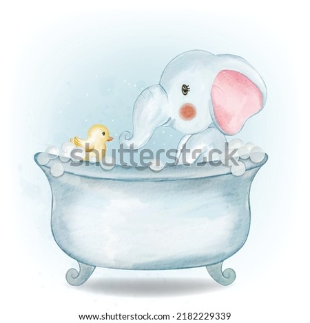 Blue Baby Elephant with a Duck on the Bath Watercolor