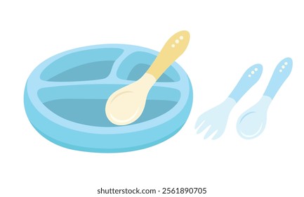 Blue baby food tray or baby feeding tray vector illustration in cartoon style isolated on white background. Baby element clipart in flat design.