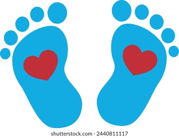 Blue Baby Footprint with Red Heart Vector for Gender Reveal and Baby Shower Celebrations