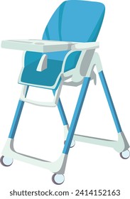 Blue baby high chair for feeding, modern design, isolated on white. Comfortable infant seat for meal times, easy clean vector illustration.