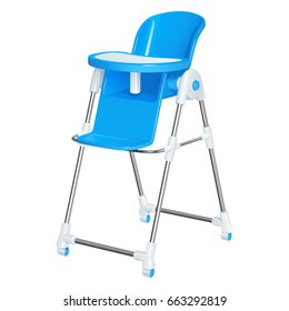 Blue baby highchair for kids feeding, with a removable table, on wheels, isolated on a white background