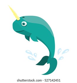 Blue baby narwhal . Flat vector illustration isolated on white background. Cute cartoon unicorn-fish  with spiral horn.