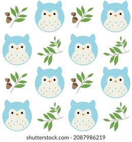 blue baby owl in the forest with acorns and a branch with leaves. seamless pattern for wrapping paper and wallpaper on the wall in the nursery. for sublimation textiles