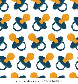 Blue baby pacifier seamless vector pattern. Repeating background flat style hand drawn soother binky illustration. Use for fabric, digital scrapbooking, packaging, baby shower invitation