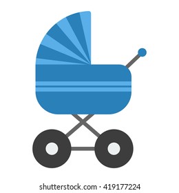Blue baby pram vector. Flat icon of baby carriage isolated on white.