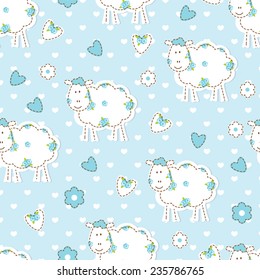 Blue baby seamless pattern with sheep