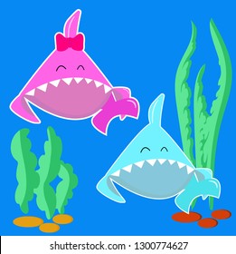 Blue Baby shark boy and pink baby shark girl. cartoon fish character isolated on light background. Stiker for kid party in marine style