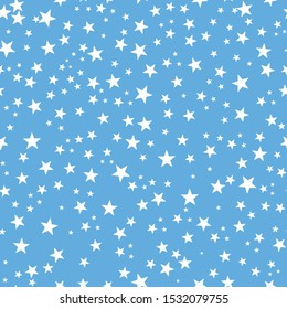 Blue baby shower background. Shining white stars seamless pattern