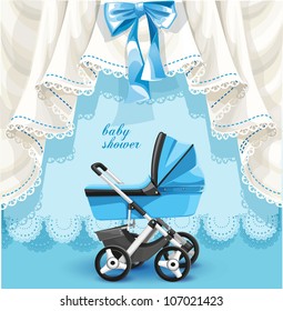 Blue baby shower card with baby carriage