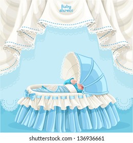 Blue baby shower card with cute little child in the crib