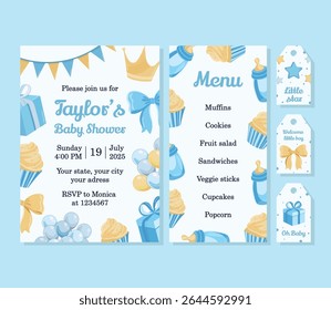 Blue baby shower card menu and gift card set with cute flat illustrations and "It's a boy" text, perfect for newborn celebrations and party decorations