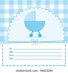 blue baby shower card with pram. vector illustration