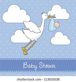 blue baby shower card with stork and baby . vector illustration