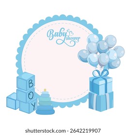 Blue baby shower circular frame with cute elements for invitation or greeting card design, celebrating newborn arrival with "It's a boy" message