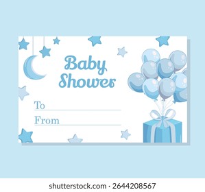 Blue baby shower gift tag template with cute flat illustrations, perfect for newborn celebration, greeting cards, invitations, and baby boy gifts