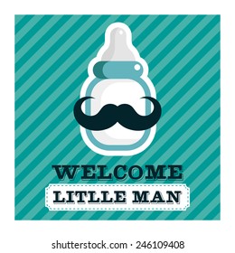 Blue baby shower greeting card with mustache baby bottle