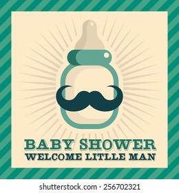 Blue baby shower greeting card with mustache baby bottle