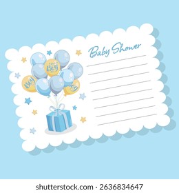 Blue baby shower greeting card with cute presents and balloons for boy announcement and party celebration