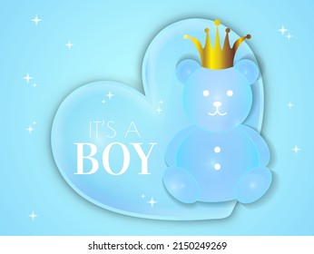 Blue Baby Shower Invitation Design. It's a Boy Vector Illustration with Bear Toy and Heart