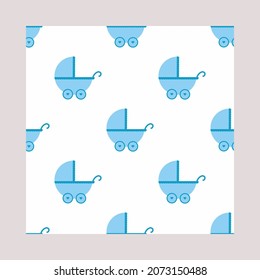 Blue Baby stroller icon isolated seamless pattern on white background. Baby carriage, buggy, pram, stroller, wheel. Vector Illustration