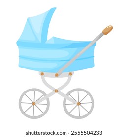 Blue baby stroller vector illustration. Perambulator, pram, pushchair, buggy, baby carriage clip art