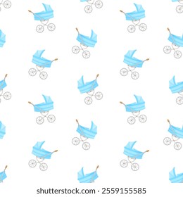 Blue baby stroller vector seamless pattern. Perambulator, pram, pushchair background, packaging