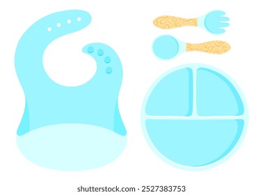 Conjunto de vajilla de bebé azul de Ilustración vectorial en diseño plano. Plato para niños, babero, cubiertos para niños