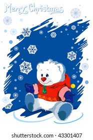 Blue baby winter background with Funny young Teddy bear. Christmas and New-Year's greeting sweet postcard. Vector illustration.