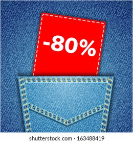 Blue back jeans pocket realistic denim texture with number percent sale tag