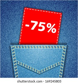 Blue back jeans pocket realistic denim texture with number percent sale tag