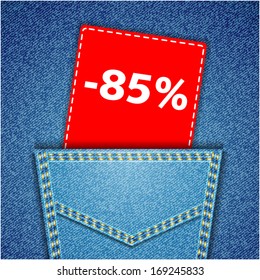 Blue back jeans pocket realistic denim texture with number percent sale tag