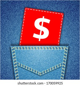Blue back jeans pocket realistic denim texture with dollar sign tag