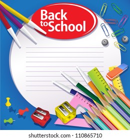 Blue Back to school background. Buttons, paper clips, pencils, rulers. Grouped for easy editing.