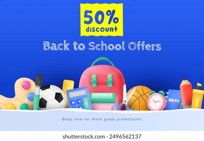 Blue back to school sale background idea. 3d school concept elements. Vector illustration template for banner, website and promotion.