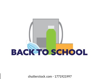 Blue back to school text with backpack, water bottle, pencil case and face mask