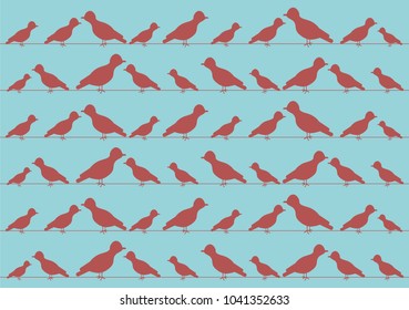 Blue backdrop with the pattern of red bird silhouettes sitting on wires