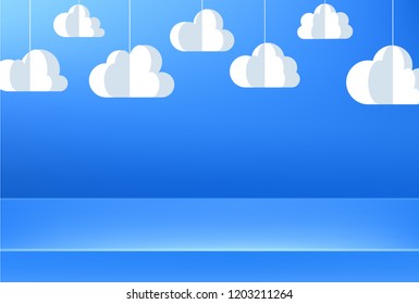 Blue backdrop with white paper 3d decorative clouds. Vector background.