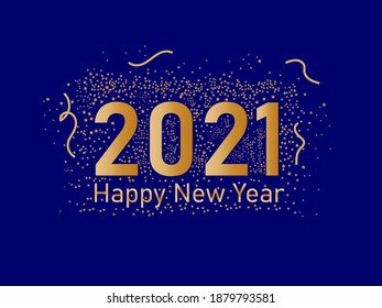 Blue Background 2021 Happy New Year Greeting filled with Golden Stars and Ribbons