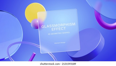 Blue background of 3d geometric shapes with glassmorphism square plate in the center