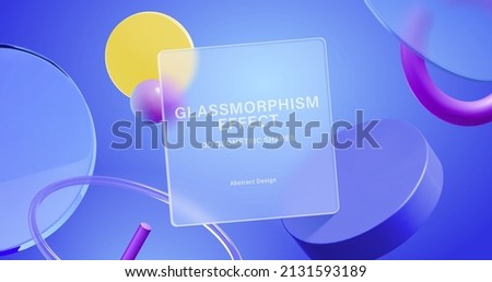 Blue background of 3d geometric shapes with glassmorphism square plate in the center Foto d'archivio © 