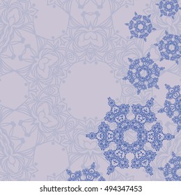 Blue background with abstract arabesque snowflakes for card or invitation. Copy space. Vector illustration eps8